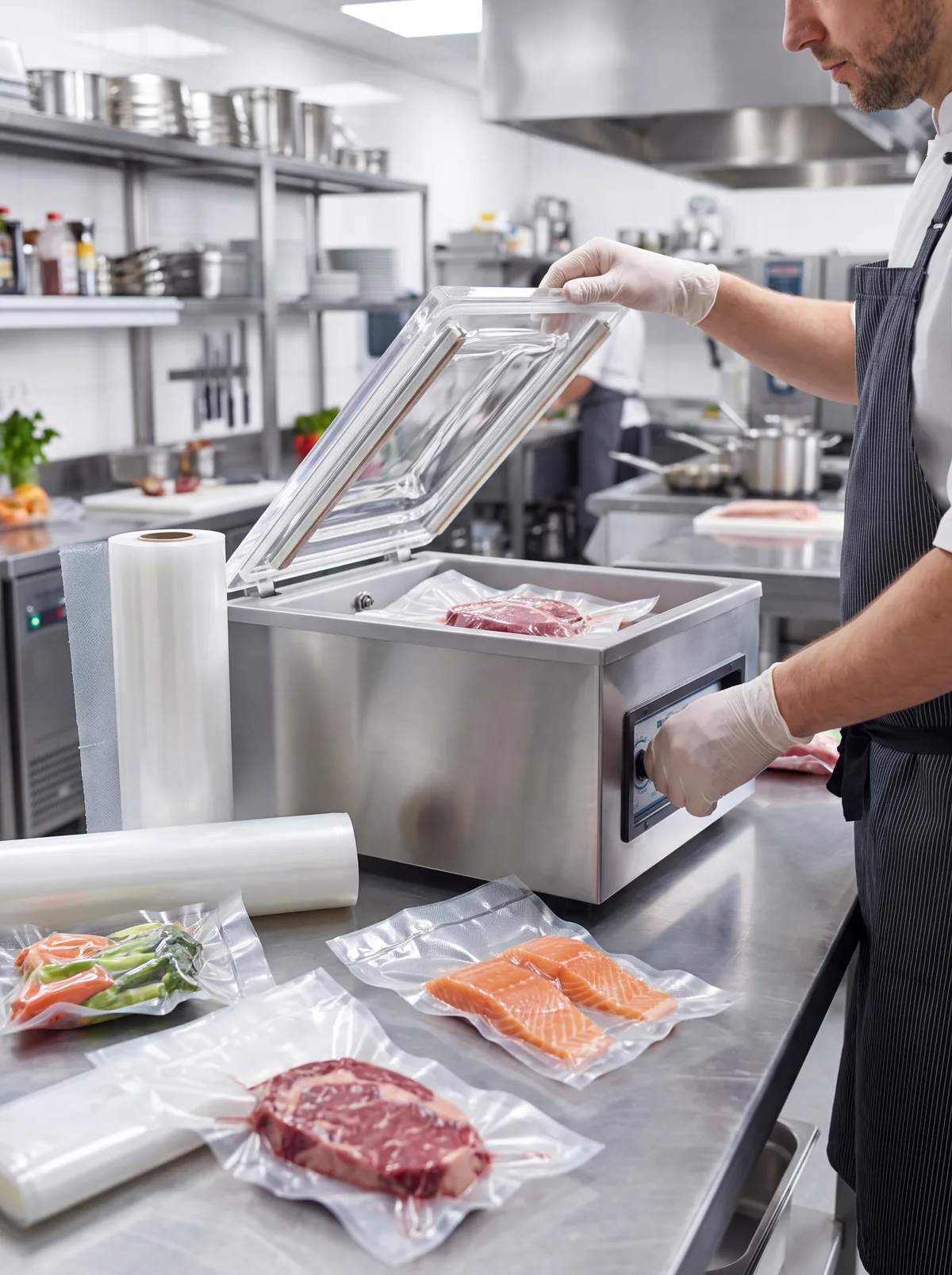 Alimentos empacados al vacío en una cocina industrial