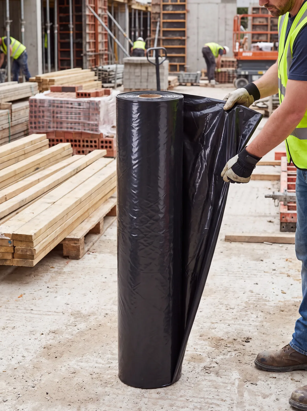 Rollo de polietileno negro utilizado para protección en obra